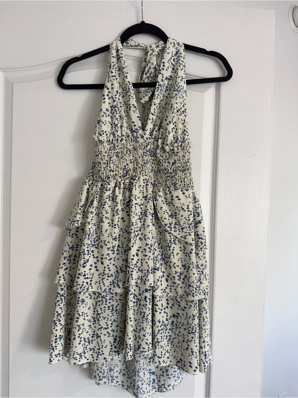 SHEIN Cream One-Shoulder Sundress with Blue Dot Print